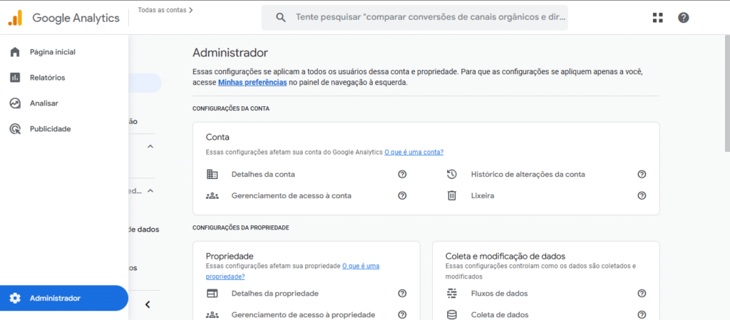 Painel de Administrador do Google Analytics 4