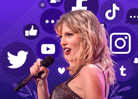 Taylor Swift representando sua estratégia de marketing e conexão com os fãs.