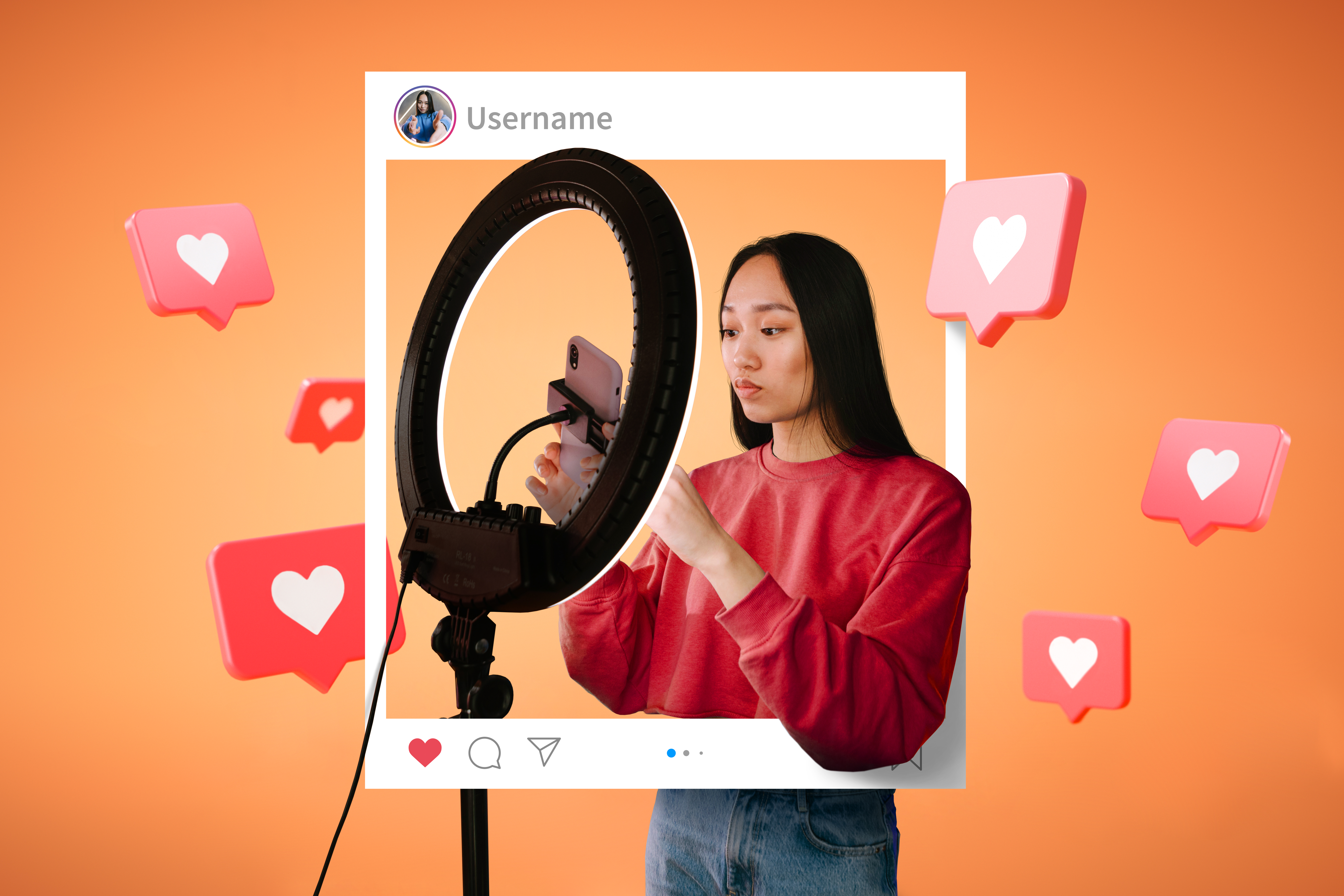 Jovem influenciadora gravando vídeo com ring light, representando estratégias de marketing no TikTok
